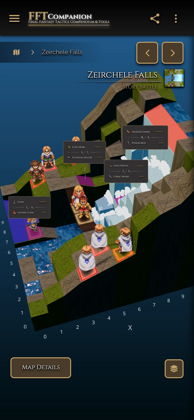 FFT Companion map viewer showing Zeirchele Falls in 3D on a phone